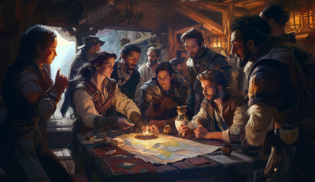 Group of adventurers in a tavern discussing their next adventure. There is a map at their table a female warrior is pointing at.